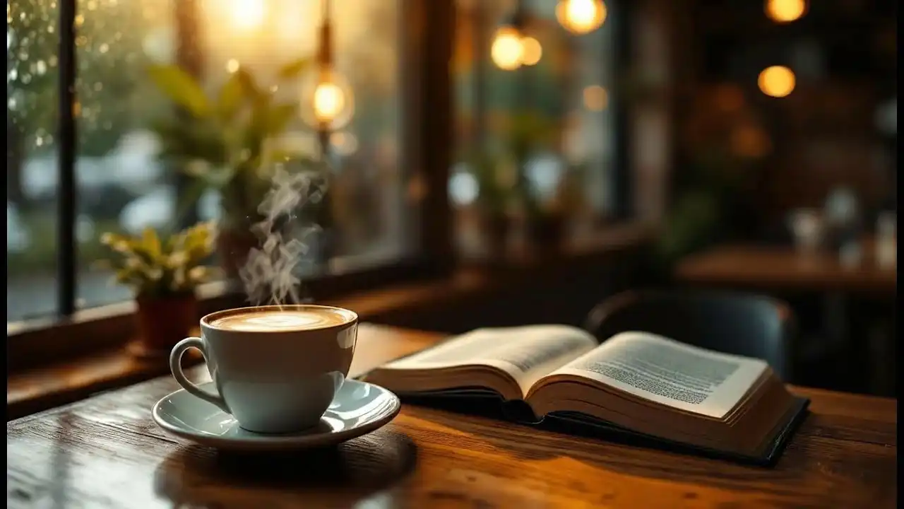 Cozy coffee shop reading by rainy window — Veo 3.1 Lite cinematic ambience